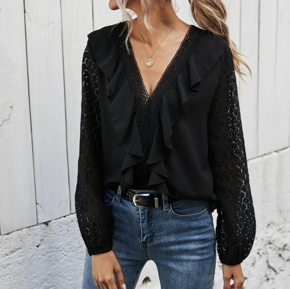 Black V neck and ruffle blouse - Picture 3 of 6